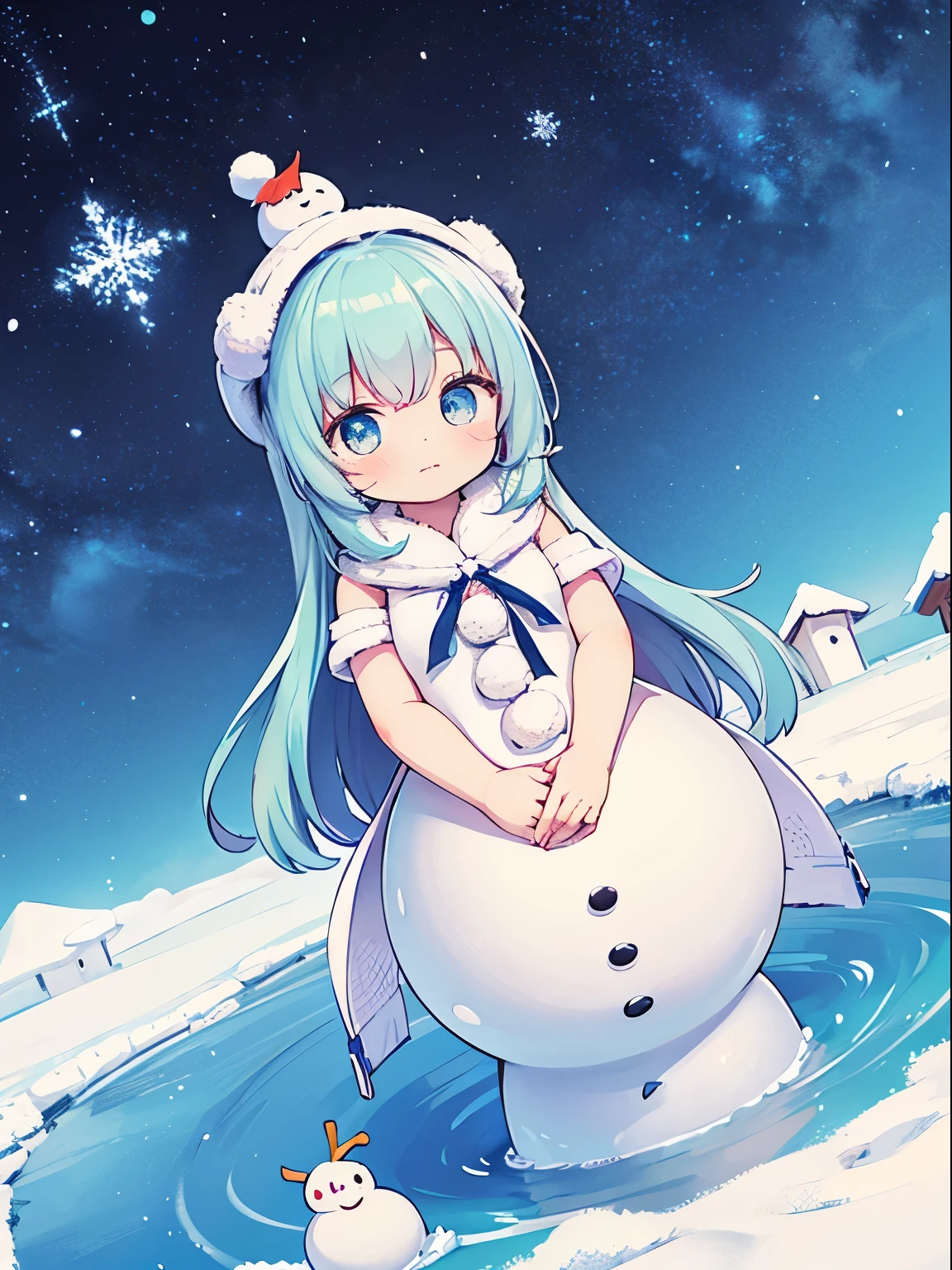 A girl is stuck in a snowman、A snowman with a girl stuck in it、
