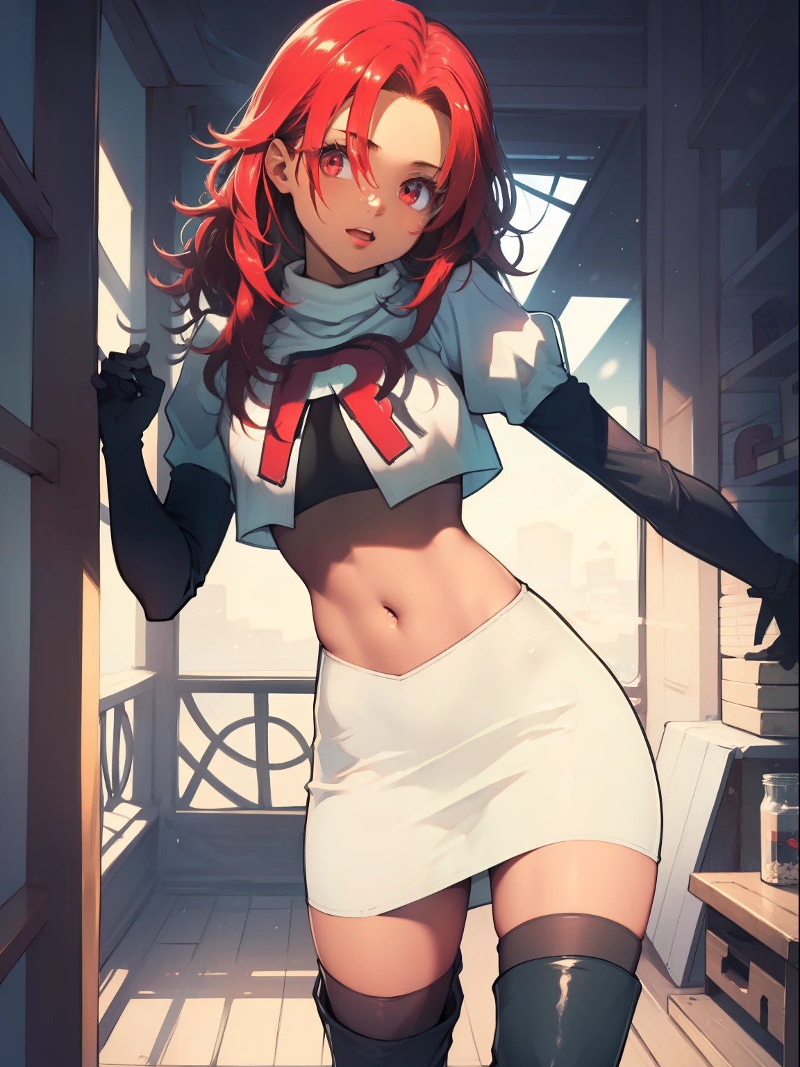 defHapi, team rocket, team rocket uniform, red letter R, white skirt, white crop top, black thigh-high boots, black elbow gloves, looking at viewer,
