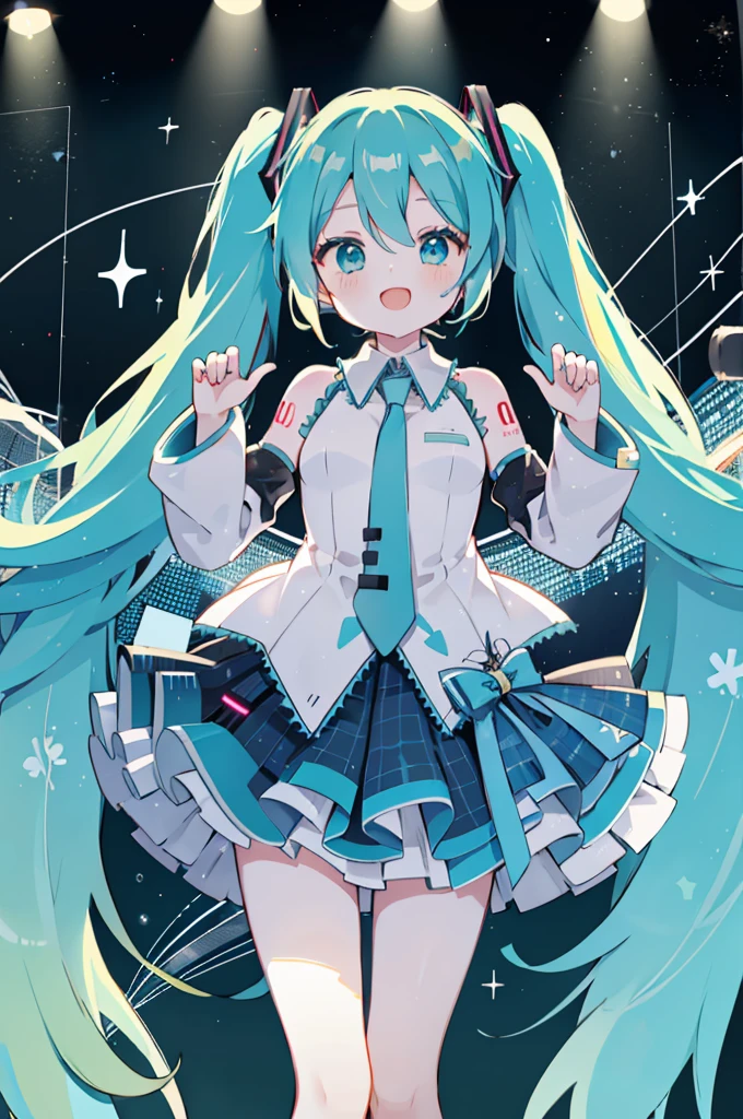 ((miku hatsune))、Blue long twin tail、microphone、((Singing Hatsune Miku))、Live performance venue、Opening Mouth、Happy smiling face、Particles of light、((Masterpiece Highest Quality:1.2)), [[[multiple limbs]]], [[[Malformed hands]]]