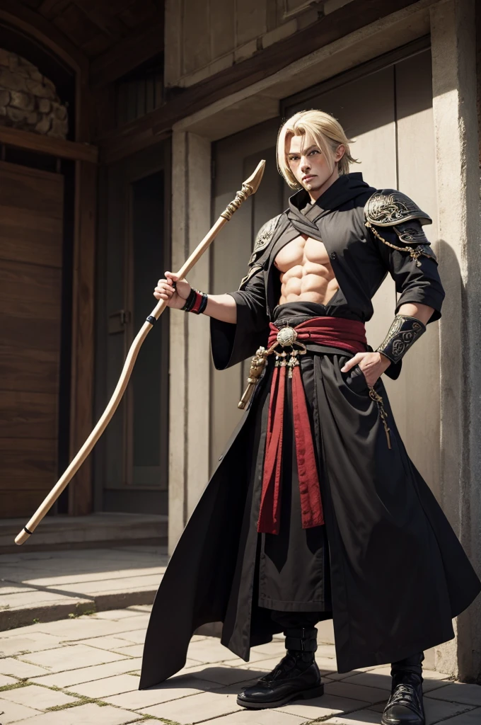 (masterpiece, best quality), (grey eyes), alternate universe, (cane), standing, full body, 1boy, urahara kisuke, solo, blonde hair,