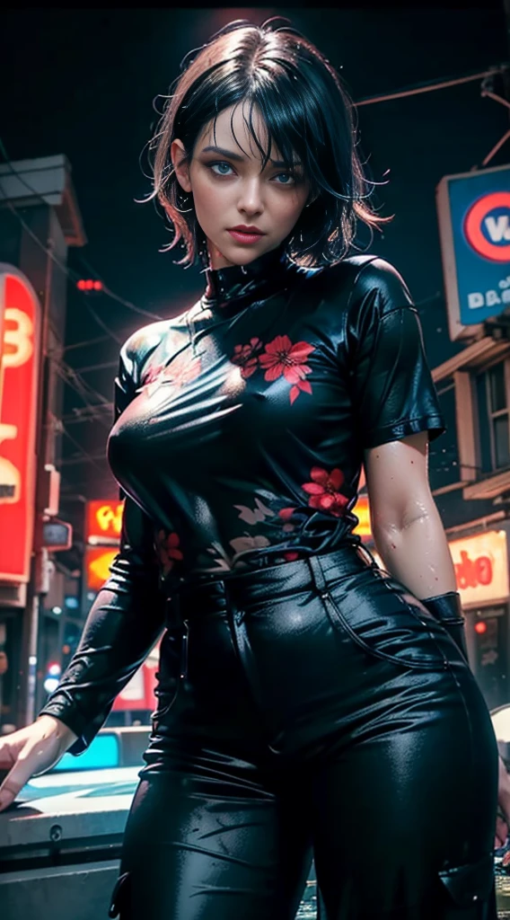 Outdoors, black mature woman, wearing black and red floral shirt, wearing black dress pants, blue eyes, glowing eyes, short hair, grey skin, club environment, night, blue neon signs, 8k, Unreal engine, highly detailed, photorealistic, wet clothes, dripping wet