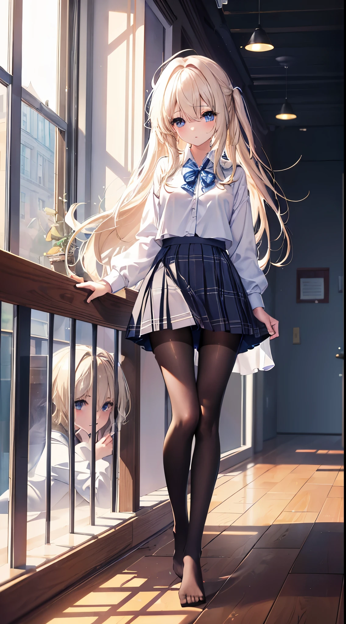 Finest, masterpiece, high definition, (full body), frontal, symmetrical, mature high school girl, solo, (full body from head to toe), small breasts, long hair, slightly messy hair, (black tights), ( (black pantyhose), black pantyhose, composition showing white panties, slender beautiful legs, a very beautiful -yeld gi(not wearing shoes) legs), blushing, shy big eyes, messy hair, looking at camera, showing white panties, white frilly lingerie, high school uniform blazer, high school uniform White blouse, high school uniform with blue ribbon, high school uniform with short plaid pattern and navy pleated skirt
