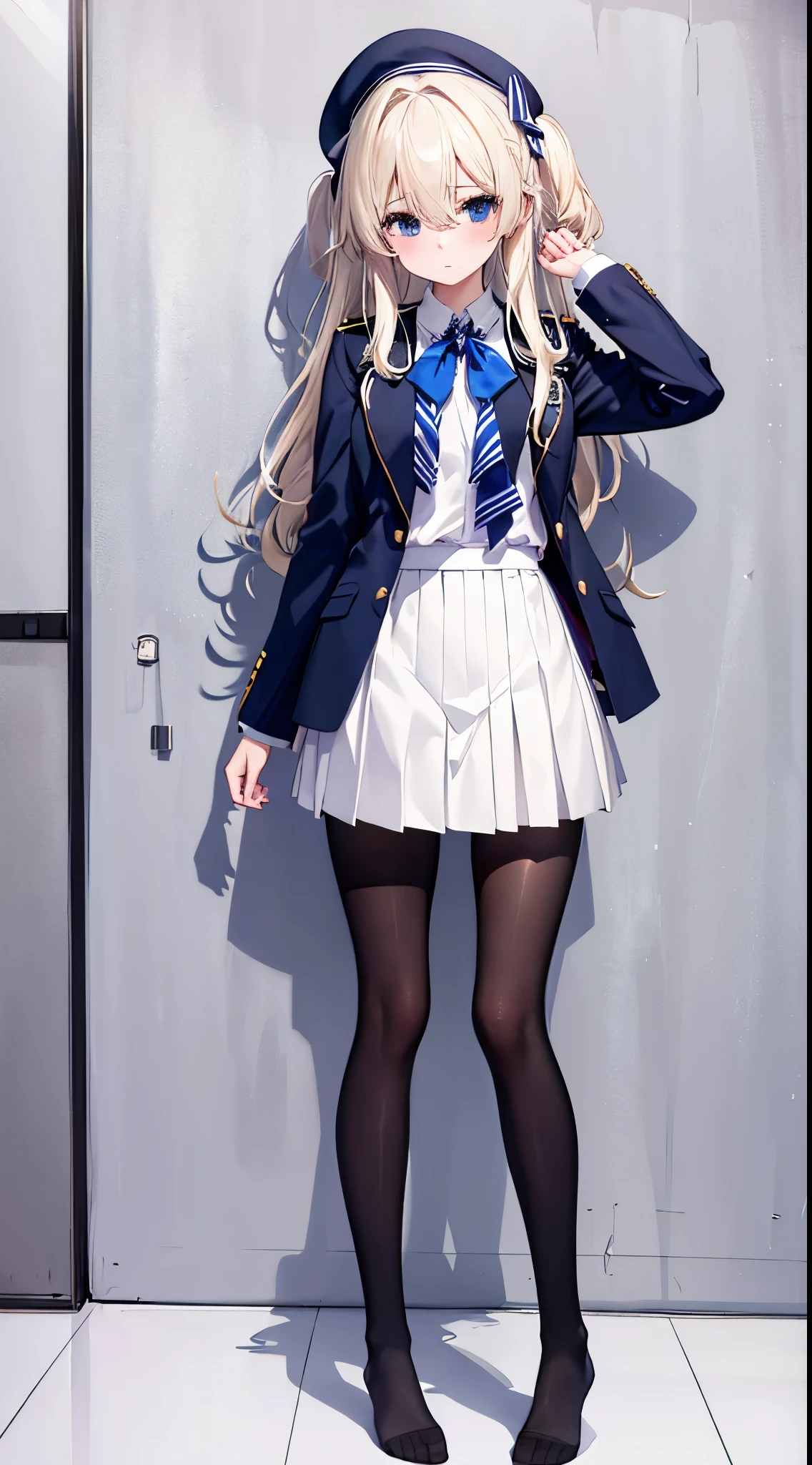 Finest, masterpiece, high definition, (full body), frontal, symmetrical, mature high school girl, solo, (full body from head to toe), small breasts, long hair, slightly messy hair, (black tights), ( (black pantyhose), black pantyhose, composition showing white panties, slender beautiful legs, a very beautiful -yeld gi(not wearing shoes) legs), blushing, shy big eyes, messy hair, looking at camera, showing white panties, white frilly lingerie, high school uniform blazer, high school uniform White blouse, high school uniform with blue ribbon, high school uniform with short plaid pattern and navy pleated skirt