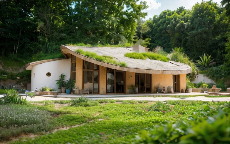 A photograph of a symmetrical contemporary house with (((one hyperbolic paraboloid green roof))) and (((biological pool))) and (((base wall rock foundation))) in a tropical backyard, high roof and long eaves, mustard yellow terracota plaster walls (((rustic clay stucco))), ((corner walls rounded)), ((rustic clay plaster)), (((terracotta walls with rounded corners, organic curves))), (((rustic earth plaster, mud))), (((hyperbolic-shaped green roof with wooden edge))), (((wooden roof structure, wooden rake, wooden fascia board))), eaves, ((roof with wooden structure)), In Bahia (((tropical garden))), ((natural houses, organic buildings, organic architecture)), ecovillage, sustainable architecture, bioconstruction architecture, solarpunk architecture, (((grass roof, green roof, green wave roof, rounded roof, vegetated roofs))), (((rock base foundation wall, foundation height 30cm, stone base wall 30cm high))), ((green architecture)), passive house, clear sky in the background, painful beauty, modern, imposing, green house, ((Bali hobbit Hadid Style)), super resolution, cinematic, color grading, editorial photography, photography, photo shoot, (((dramatic front eye top angle view))), O 50mm, depth of field, intricate details, natural colors, sharp focus, warm light, shutter speed 1/1000, F/22, White Balance, Ray Trace Reflections, Lumen Reflections, Screen Space Reflections, Diffraction Rating, Chromatic Aberration, GB Shift, Partial Lighting, Backlighting, Daylighting, Scan Lines, ambient occlusion, antialiasing, shaders, OpenGL-Shaders, GLSL-Shaders, Post-processing, post-production, shading, tone mapping, incredibly detailed and complex, hypermaximalist, elegant, hyperrealistic, super detailed, dynamic pose, Fujifilm XT
