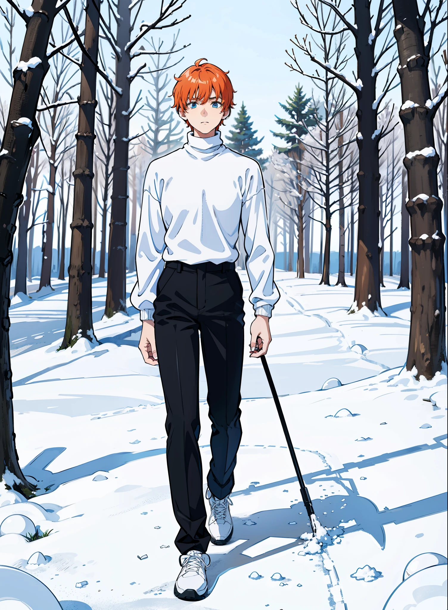 (1boy,teen,18 years old), orange hair, blue eye,(black pants,white sneakers),(((white sweater,turtleneck))),(walking in snow,in a forest),((serious face)),full body