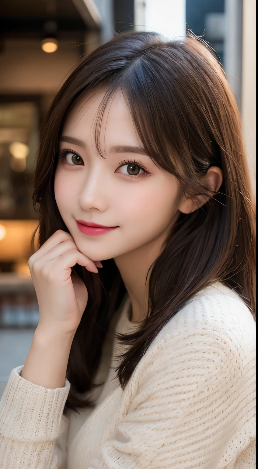 masutepiece, Best Quality, Illustration, Ultra-detailed, finely detail, hight resolution, 8K Wallpaper, Perfect dynamic composition, Beautiful detailed eyes, Gorgeous black fluffy Tokyo winter clothes,random cute hair,small tits,Natural Color Lip, Bold sexy poses,Smile,cafes、20 years girl、Cute、Sexy shot looking at camera,Always blur the background,Perfect and beautiful face,Take only the face,beautiful and detailed face、slim face and style,Big eyes、Do gal makeup