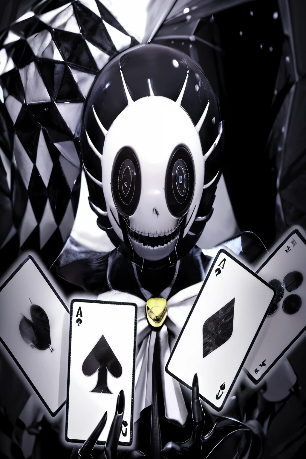 a close-up of a person holding a card with a skull on it, hypervivid intense mcbess, Yume Nikki, Arte digital de Danganronpa, em estilo de cytus e deemo, portrait of Cavaleiro Oco, Cavaleiro Oco, the knight from Cavaleiro Oco, card art, arte oficial, high detailed arte oficial, Malandro, Arte em destaque, spades slick