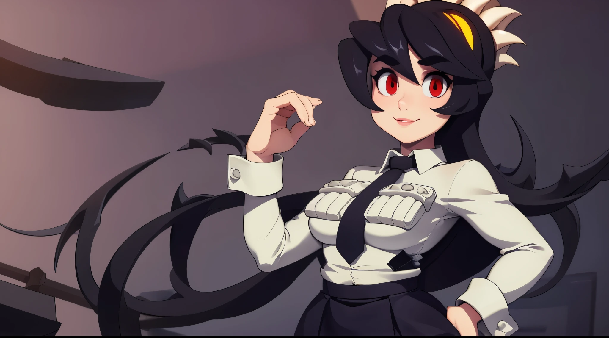 Filia, only one girl, full body image, full body view, long hair, big and beautiful eyes, anatomically correct eyes, red pupil, feminine lips, smiling, big breasts, wide hips, small waist, big ass, sexy body, beautiful body, anatomically correct body, long legs, big thighs, feminine and beautiful hands, very detailed image, very detailed body, very detailed hands, anatomically correct hands, white shirt, white shirt pockets on her breasts, black buttons on the shirt pockets, tiny black tie, black short skirt, black socks, brown shoes, very detailed background, masterpiece, artwork, detailed, sexy, sensual