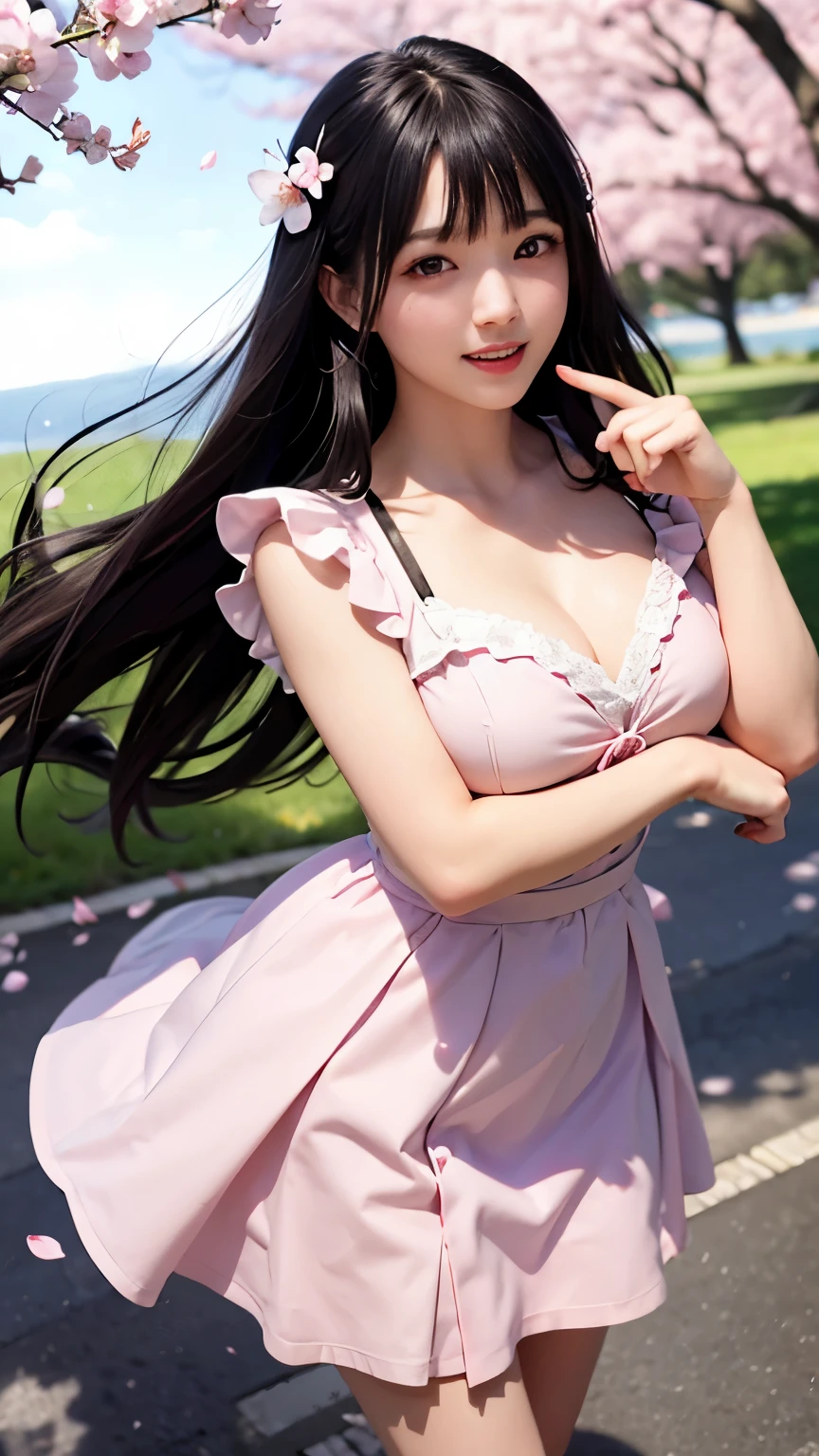 (A logo、masterpiece、8K、masutepiece、Raw photo、Fantastic、Best Quality、フォトリアリスティックでighly detailedな CG 統合 8k 壁紙、hightquality、ighly detailed、epic poem、Particle effect、Dynamic effects、depth of fields、Cinematic Light、Lens Flare、Ray tracing)、Fantasia、 (Beauty 1 person、doress、Dress、Cherry blossom pattern、A dark-haired、Beautiful face、Real Face、beautiful details eyes beautiful skin)、髪がthe windで踊る、Hair flutters in the wind、Hair jumps、Pink cherry blossom tree、Petals flutter、Sakura blizzard、Superb view、morning glow、Sun in the background、the wind、