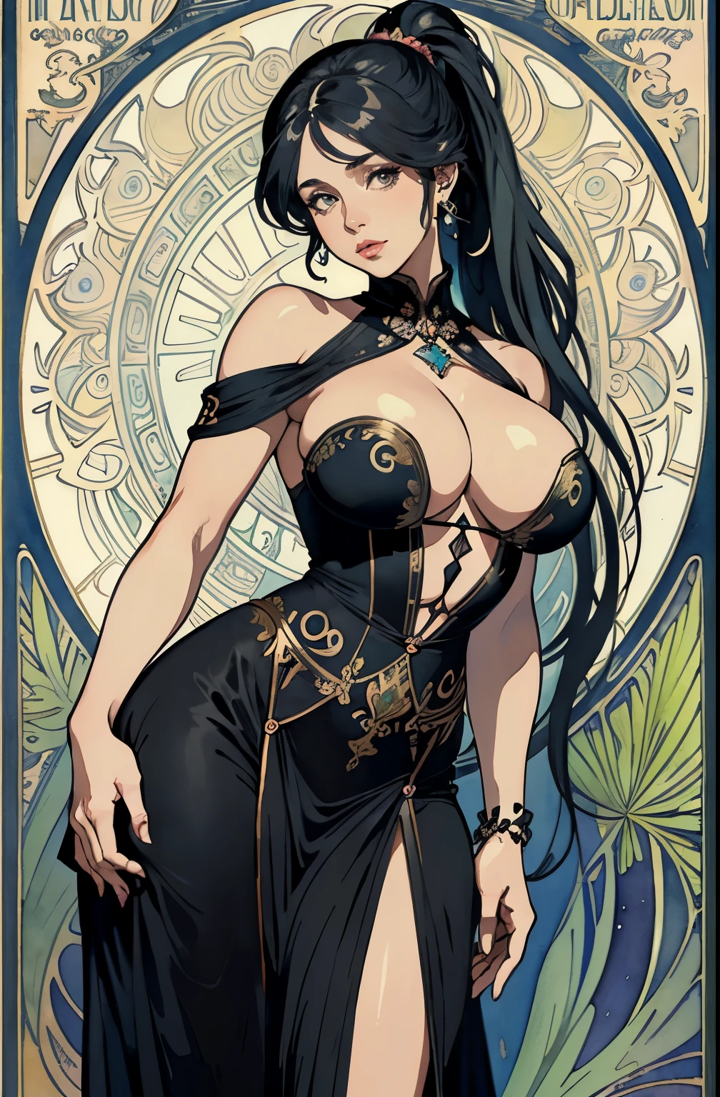 ((masterpiece)), (best quality), (cinematic),  art nouveau, ((watercolor painting), Goddess of Black , large breasts, big eyes, long thick eyelashes, cleavage, full lips, long thick hair,  high ponytail, accessories, featuring intricate designs and patterns in the style of Alphonse Mucha.