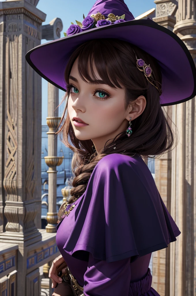 a beautiful girl, perfect face, arms at sides, masterpiece, ultra high res, high quality, 4k, upper body:1.5, lisa (genshin impact), urple witch hat, green eyes, brown hair, (PureErosFace_V1:0.008), (european:1.6), bangs, dress, rose, jewelry, witch, capelet, purple headwear, black gloves, purple flower, hair between eyes, purple rose, parted lips, purple capelet, hat flower, multicolored dress, hair ornament, windmill, from side,