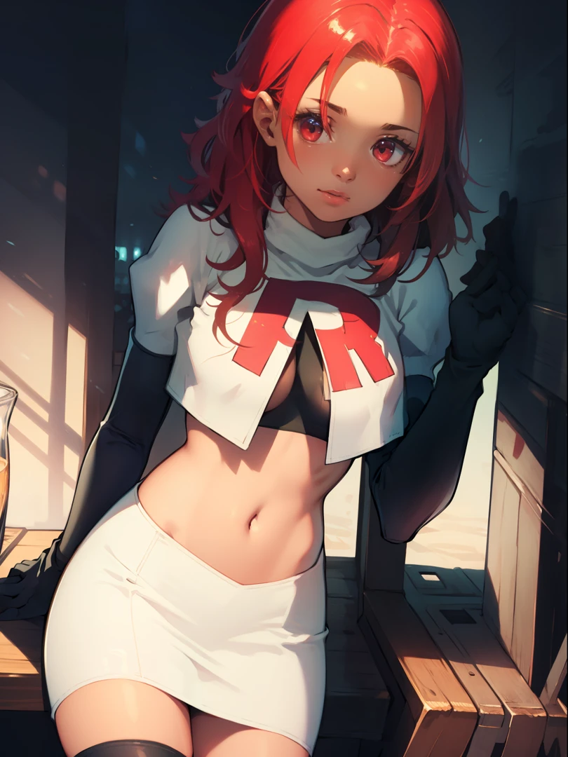 defHapi, team rocket, team rocket uniform, red letter R, white skirt, white crop top, black thigh-high boots, black elbow gloves, looking at viewer,