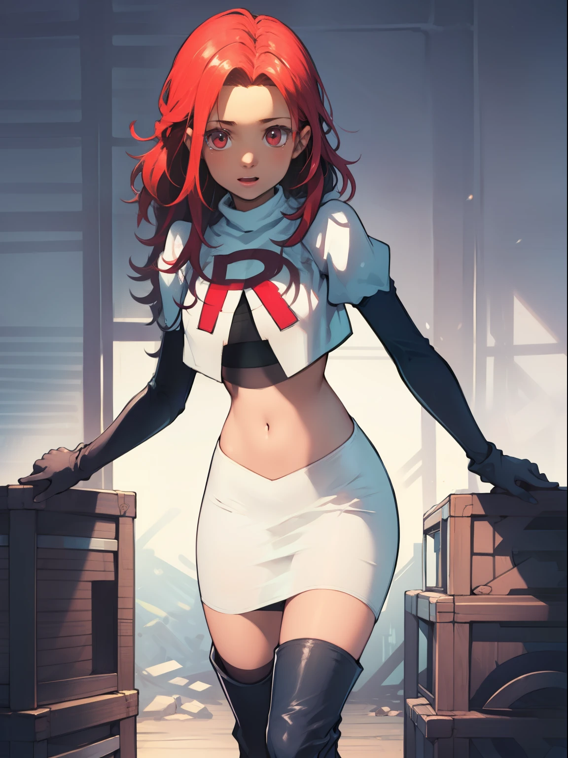 defHapi, team rocket, team rocket uniform, red letter R, white skirt, white crop top, black thigh-high boots, black elbow gloves, looking at viewer,