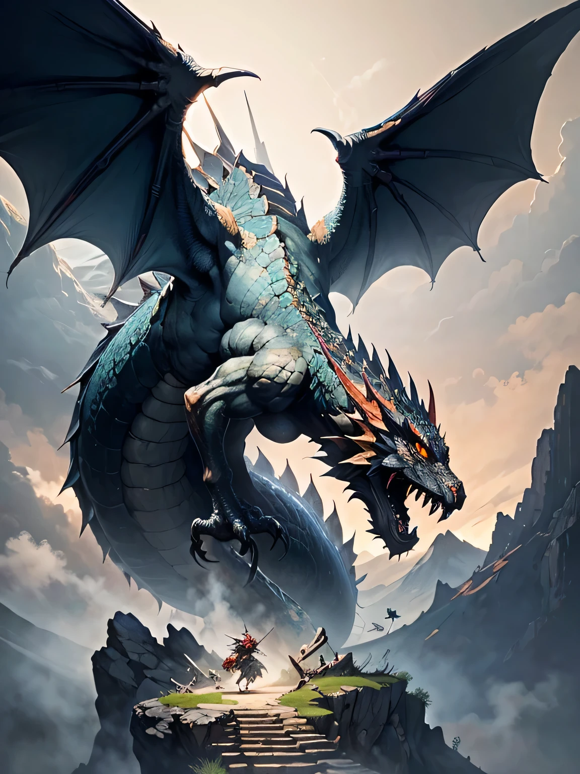 (masutepiece), (Best Quality), (ultra-detailliert), (Cinematic lighting), (Illustration), frazetta, (dragon on the mountain), Dragon of Japan, Oriental dragon, Flying in the sky,