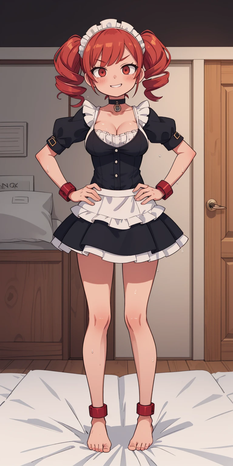 SFW, SLAVE FEMALE, Maid for sale. An African (very black skin) domestic worker for text "US dollar" full body, barefoot, standing straight symmetrical, huge boob(masterpiece, best quality:1.2), smirking smile, red blush, wet body, looking at viewer, hands on hips, twintails, twin drills, dress, blue pantyhose, striped pantyhose, Handcuffs on their hands, With a collar around the neck, slave catgirl ((black choker, shackles on legs and armedroom background (bed, pillow, sheet))