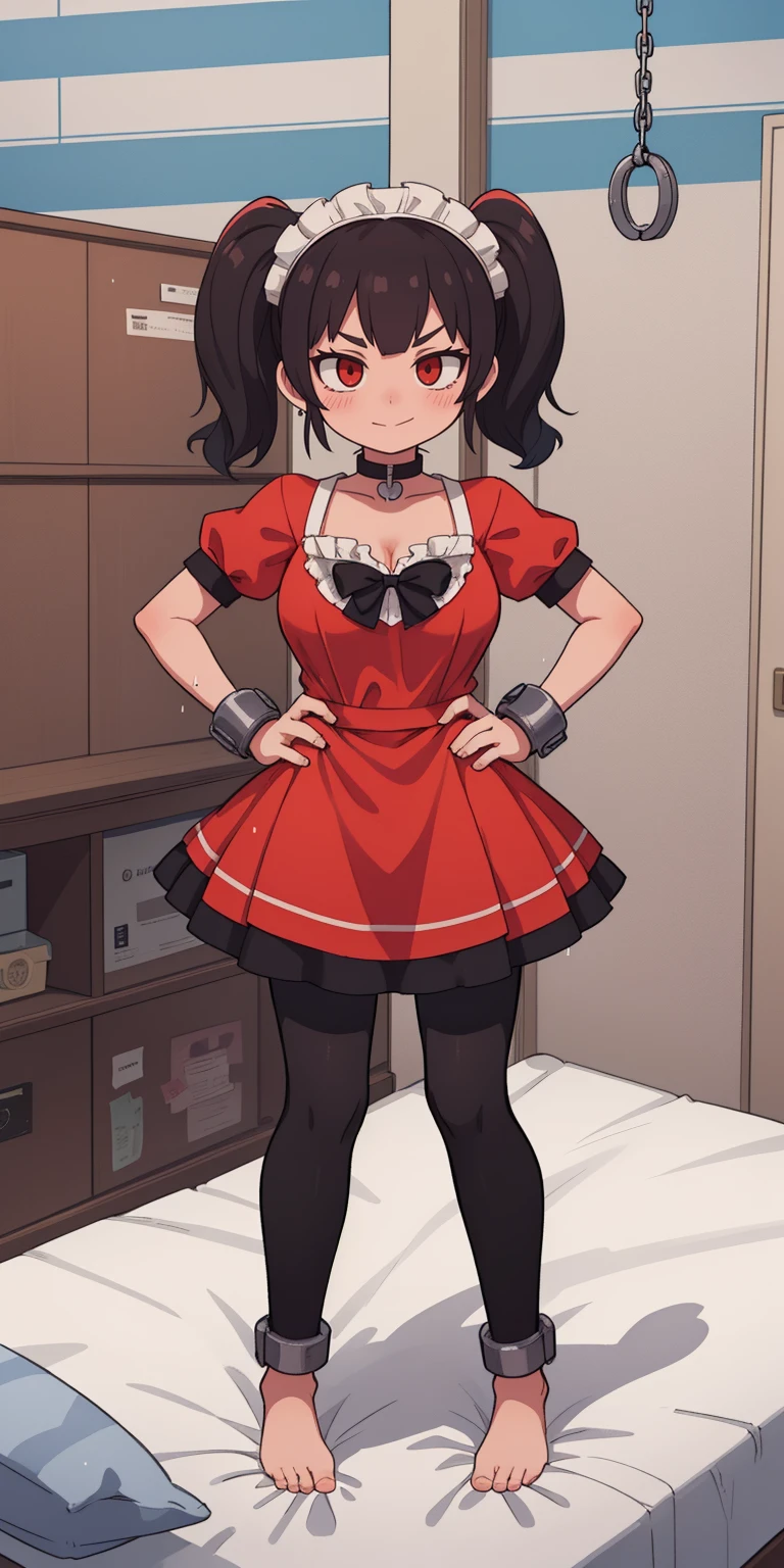SFW, SLAVE FEMALE, Maid for sale. An African (very black skin) domestic worker for text "US dollar" full body, barefoot, standing straight symmetrical, huge boob(masterpiece, best quality:1.2), smirking smile, red blush, wet body, looking at viewer, hands on hips, twintails, twin drills, dress, blue pantyhose, striped pantyhose, Handcuffs on their hands, With a collar around the neck, slave catgirl ((black choker, shackles on legs and armedroom background (bed, pillow, sheet))
