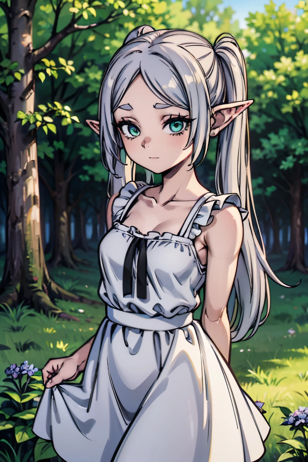 1girl, solo, petite thin girl, long hair, twintails, (emerald green eyes), mature expression, beautiful eyes, grey hair, (forehead), pointy ears, elf, serious, small smile, closed mouth, small breasts, modern schoolgirl, ((sundress, thin straps, collarbone, white babydoll dress, sleeveless)), depth of field, bokeh, (field scenery, blue flowers), trees, (close-up), cowboy shot, upper body, (arms behind back), masterpiece, best quality, 8k, absurdres