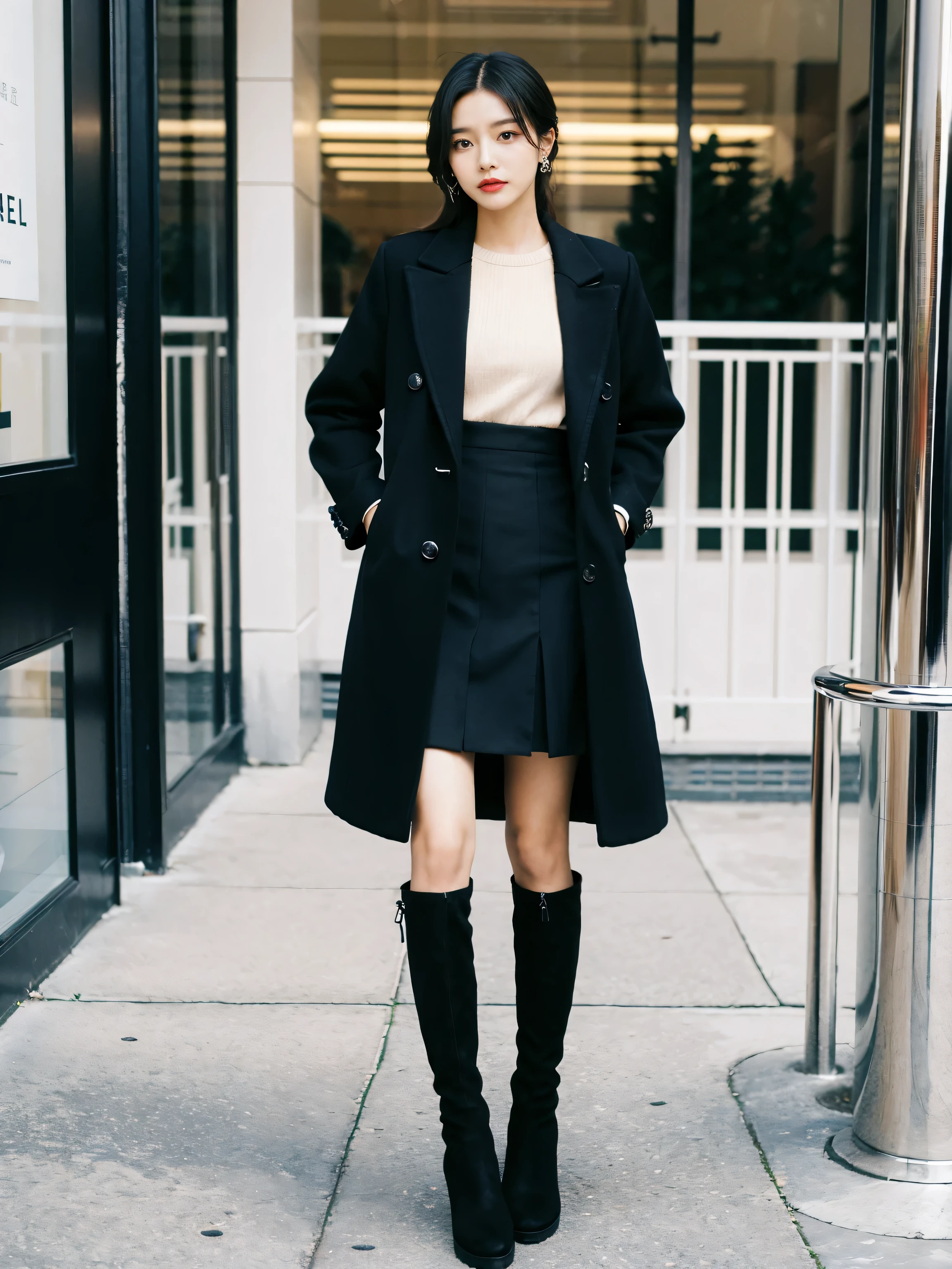 Best quality,tmasterpiece,超高分辨率,(actual:1.4),RAW photos,hyper HD，8K，There is one girl，Stylish clothes,Chanel style，Stylish skinny suit, wearing jacket and skirt,high-class fashion，ellegance, short skirt and a long jacket, tigh-high boots，Over-the-knee boots，Casual pose，legs long