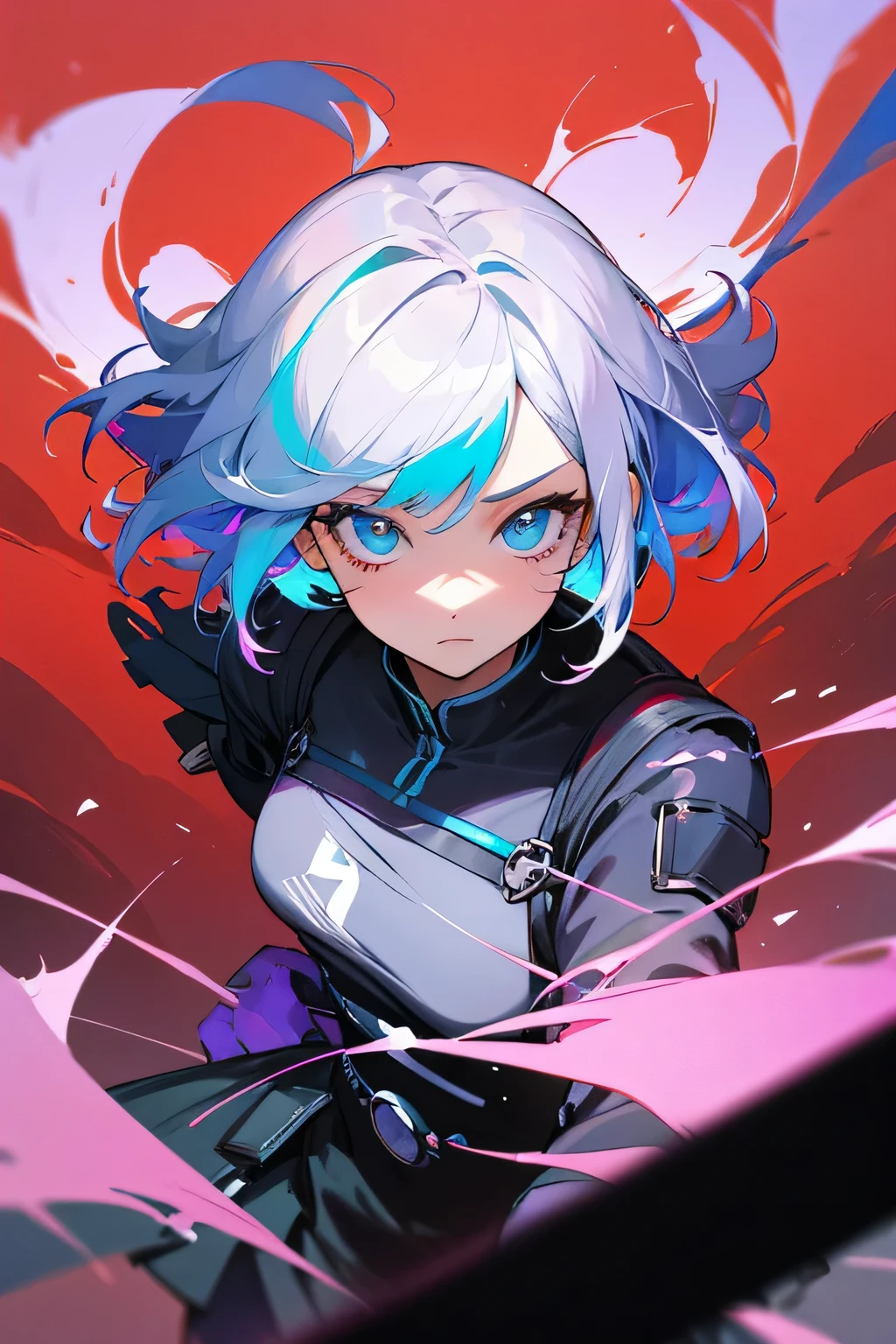 masutepiece, Highest Quality, ultra-detailliert, High resolution, (Ink painting style), Good anatomy, 1 beautiful woman, Captivating, Colorful, 2 line hair, Short bob cut, Solo, Skirt, Jacket, harajuku wear, blue ionochrome, Colorful breakup, White hair, Oil Painting, High detail lights, sharp sketch, Cyberpunk, Dynamic Pose, Cute anime face, Dynamic Angle, poptoon, hair inner color, Many lines of hair, limit pallet, Looking at Viewer, ((Floating hair)),Official art, Beautiful detailed eyes, beautifull detailed face, beautiful detailed hair, Colorful background, Beautiful and detailed clothes, Limited color fiber, Many limited color particles, disheveled hair, Wind, extremely detailed fingers, beautifull detailed face, Wavy Hair, Asymmetrical hair, best light, Best Shadow, Mysterious, Perfect face, Highly detailed,