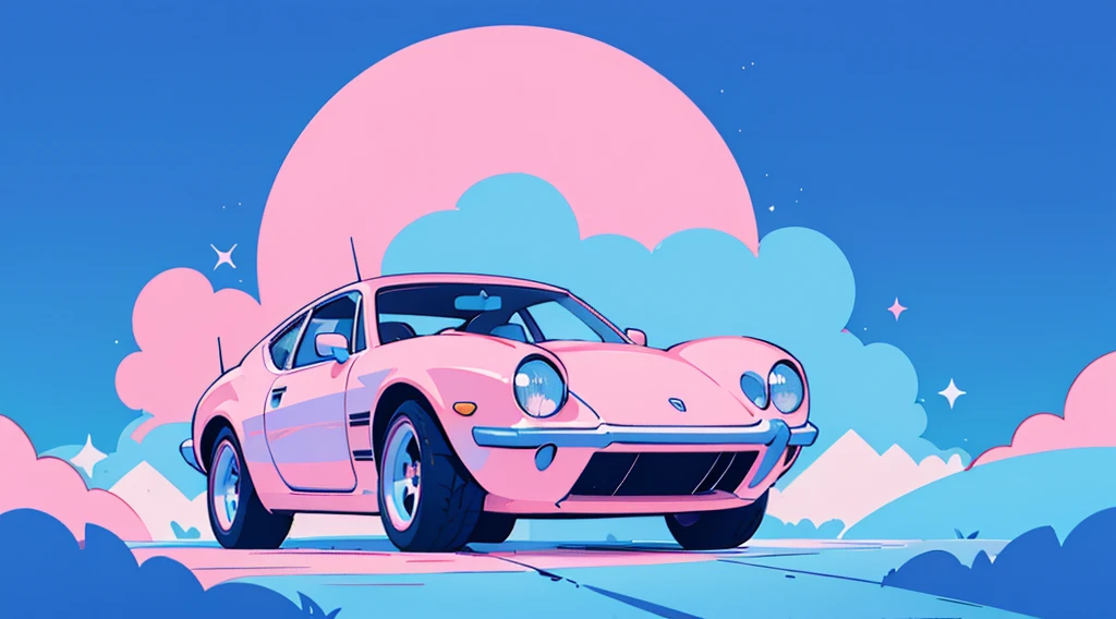 (skyscrapers, pink glowing road, starry blue sky, big moon), (super car), (low contrast, flat color, limited palette)