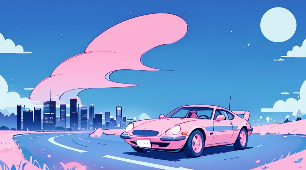 (skyscrapers, pink glowing road, starry blue sky, big moon), (super car), (low contrast, flat color, limited palette)