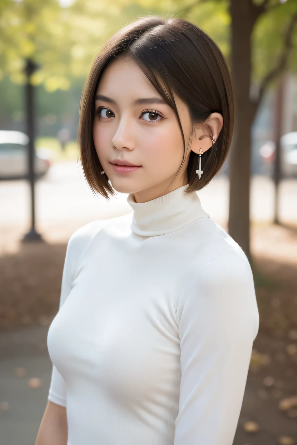 (goddess-like happiness:1.2), If the idol, years一人, Ponytail, (Raw photo:1.2), (Photorealistic:1.4), (masutepiece:1.3), (intricate-detail:1.2), tome'tome'it's delicious, beautiFul detailed, (Detailed eyes), (detailed Facial Feでures), (turtleneck swede), Pettomee, Small breasts, Narrow waist, (up looking_で_viewer:1.2), big circle earrings, slim_Legs, (skinny), (Best Qualtomey:1.4), (超hight resolution:1.2), cinematric light, Detailed view of outdoor ion), (lipgloss, Eyelashes, Best Qualtomey, 超hight resolution, depth oF Field, Caustics, Broad lighting, Ural shading of n, 85 mm, F/1.4, ISO 200, 1/160s:0.75), Dynamic Pose,high details, High qualtomey, awardwinning, Best Qualtomey, hight resolution, 8K,13ars, Junil, ( short-hair:1.5), Delicate body,、(huge-breasted:1.4)