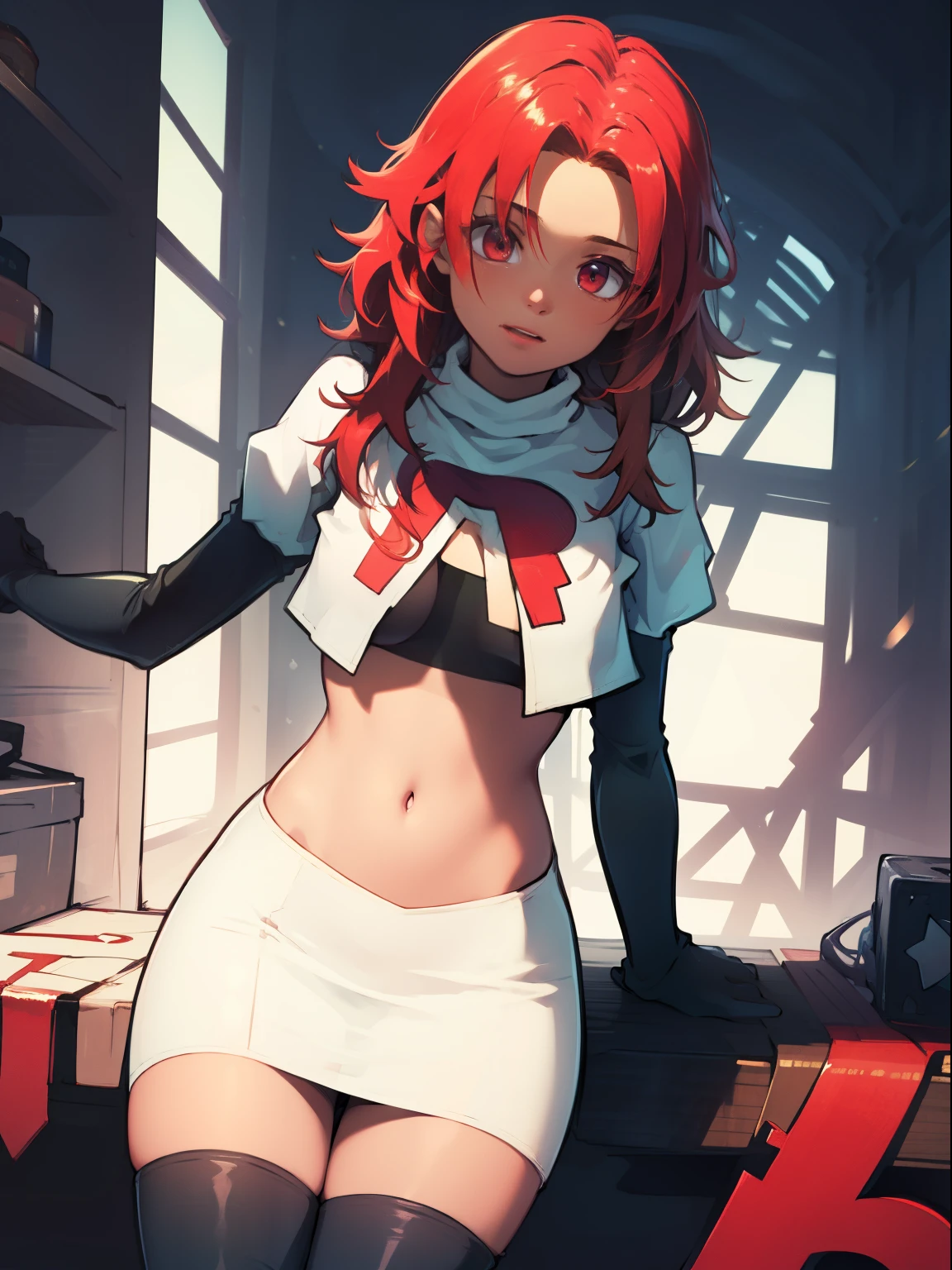 defHapi, team rocket, team rocket uniform, red letter R, white skirt, white crop top, black thigh-high boots, black elbow gloves, looking at viewer,