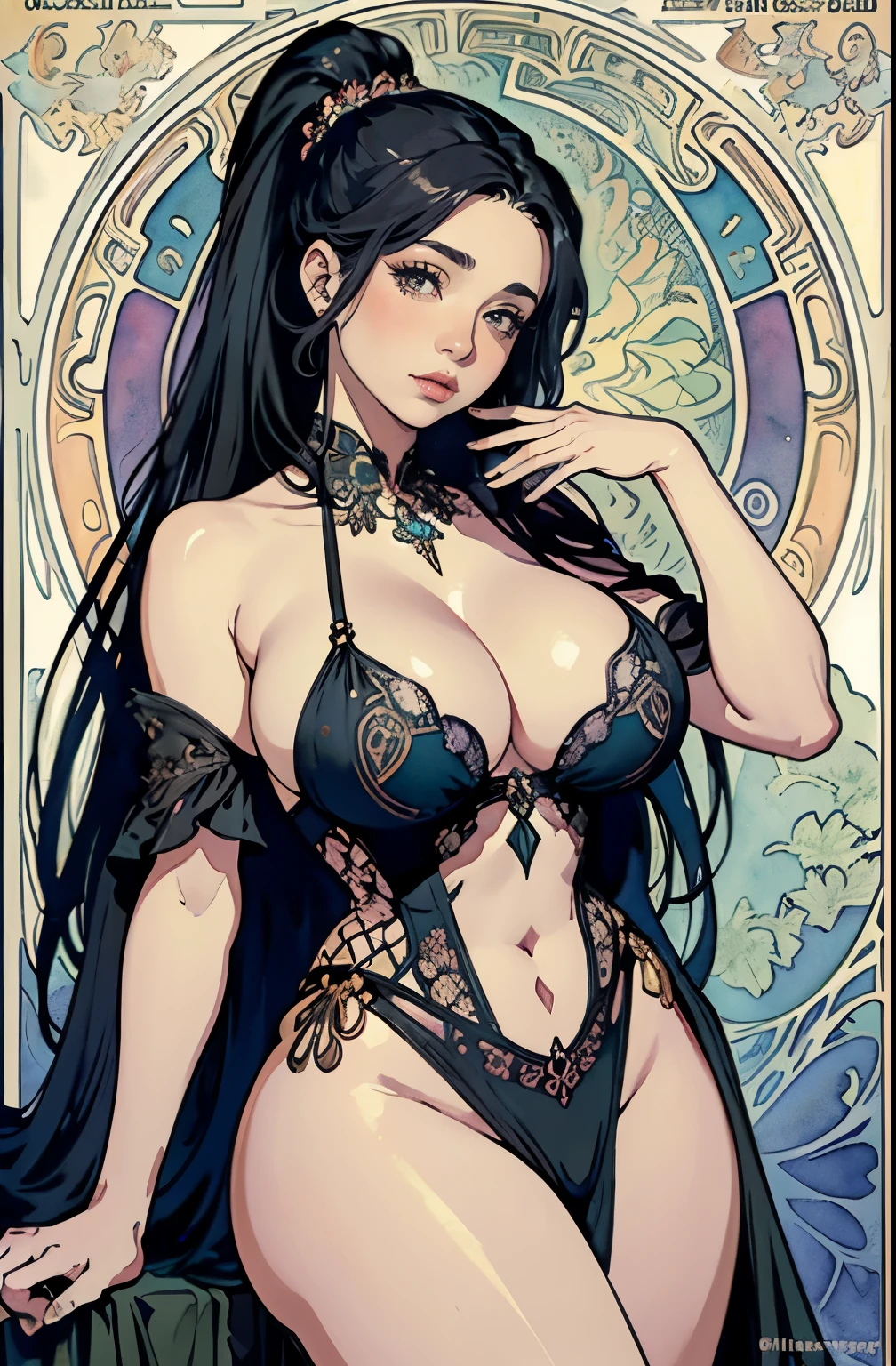 ((masterpiece)), (best quality), (cinematic),  art nouveau, ((watercolor painting), Goddess of Black , mature, large breasts, big eyes, long thick eyelashes, cleavage, full lips, long thick hair,  semi naked, high ponytail, accessories, featuring intricate designs and patterns in the style of Alphonse Mucha.