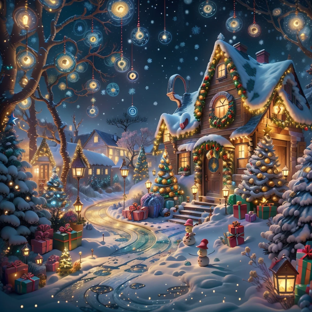 (tmasterpiece),(ultra - detailed:1.3),Best quality,(Sparkling:1.2),(Christmas courtyard in a dreamy fairy tale:1.4),(Van Gogh style door Christmas decorationlower ring: 1.7),(The moon is empty),((Delicious sweets,Christmas tree, gifts, Christmas stockings, cute gingerbread man,chocolate house splash)), Illustration style, and decorations, Fantasy Christmas Garden, Lovely design style, natta,snow field,moon full,vivd colour、 ((Whimsical and charming fantasy)), Surreal portrait, (Fantasy themed Christmas cabin), (Whimsical Christmas Accessories), (Colorful, Landscape full of candy), (enchanting, 神奇的Christmas tree), (A vibrant one, Candy-colored courtyard), (Candy Road), (Candy Cottage) in distance, (Like a mirror, 不对称tmasterpiece钟表配件), (Rich, fantasticcolors), (Twinkling stars) Elevated, (four dimensional dream), (Charming and charming atmosphere), (Playful composition), (Vivid lighting effects), 1.4x more realism,hyper HD,Shown in this beautiful scene,(Very meticulous,Reasonable design,Clear lines,High- sharpness,tmasterpiece,offcial art,movie light effect,8K)