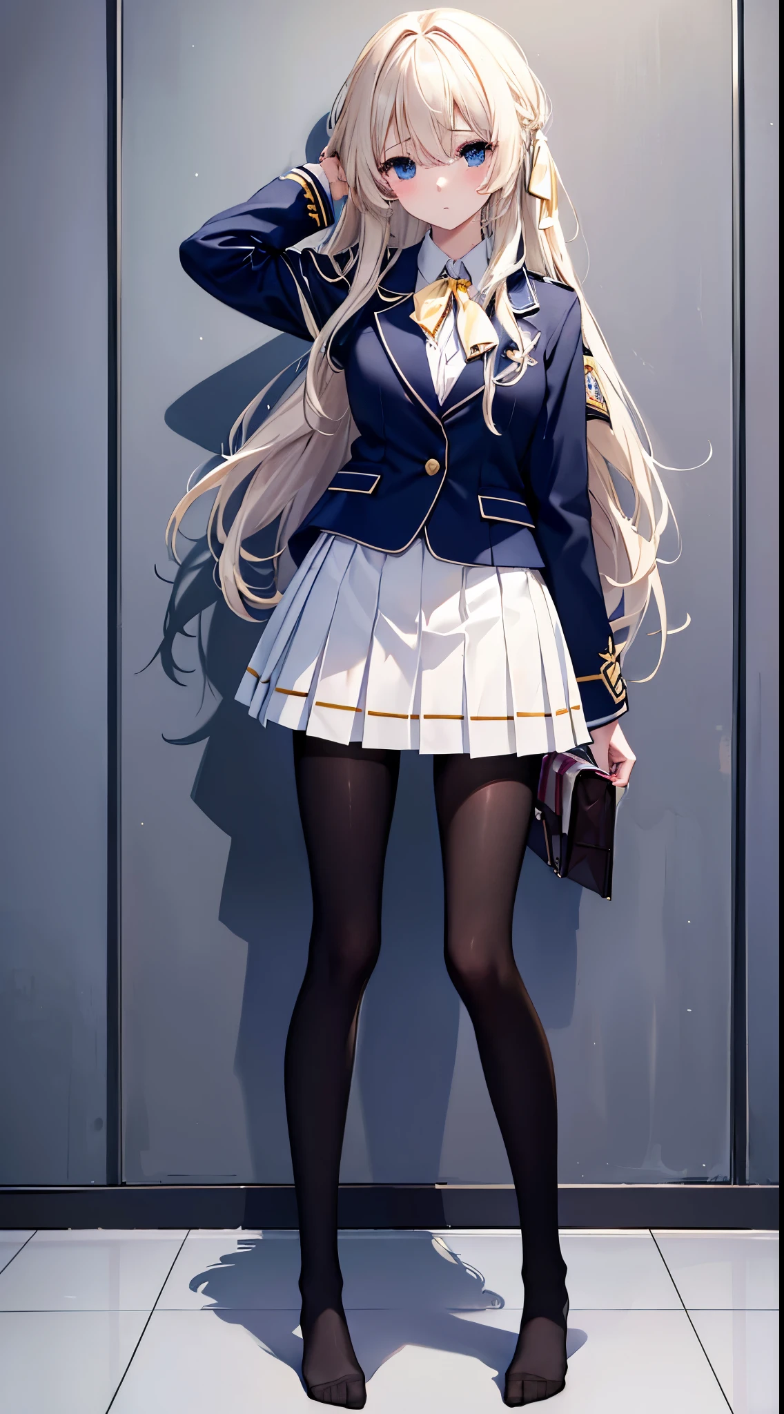 Finest, masterpiece, high definition, (full body), frontal, symmetrical, mature high school girl, solo, (full body from head to toe), small breasts, long hair, slightly messy hair, (black tights), ( (black pantyhose), black pantyhose, composition showing white panties, slender beautiful legs, a very beautiful 17-year-old girl (not wearing shoes) legs), blushing, shy big eyes, messy hair, looking at camera, showing white panties, white frilly lingerie, high school uniform blazer, high school uniform White blouse, high school uniform with blue ribbon, high school uniform with short plaid pattern and navy pleated skirt