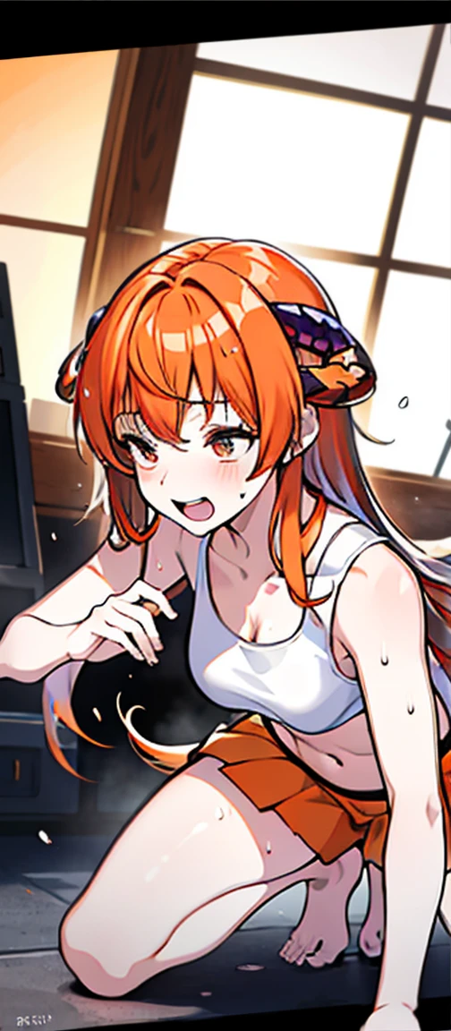 ((Best quality at best, 8K, tmasterpiece: 1.3)), Full body lesbian, Focus Clear: 1.2, Outstanding style: 1.4, plum: 1.2, ((long orange hair, : 1.2)), Transparent tank top, Highly Detailed Face and Skin Textur, 詳細な目, 二重まぶた，，Chopping，，revealing her belly，titmouse，sweat profusely，soaked pubic hair， living，