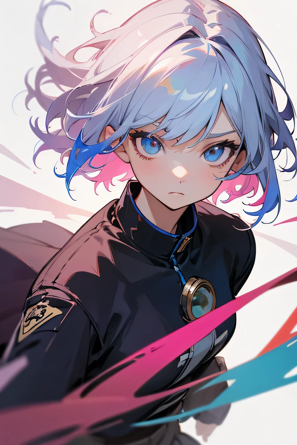 masutepiece, Highest Quality, ultra-detailliert, High resolution, (Ink painting style), Good anatomy, 1 beautiful woman, Captivating, Colorful, 2 line hair, Short bob cut, Solo, Skirt, Jacket, harajuku wear, blue ionochrome, Colorful breakup, White hair, Oil Painting, High detail lights, sharp sketch, Cyberpunk, Dynamic Pose, Cute anime face, Dynamic Angle, poptoon, hair inner color, Many lines of hair, limit pallet, Looking at Viewer, ((Floating hair)),Official art, Beautiful detailed eyes, beautifull detailed face, beautiful detailed hair, Colorful background, Beautiful and detailed clothes, Limited color fiber, Many limited color particles, disheveled hair, Wind, extremely detailed fingers, beautifull detailed face, Wavy Hair, Asymmetrical hair, best light, Best Shadow, Mysterious, Perfect face, Highly detailed,