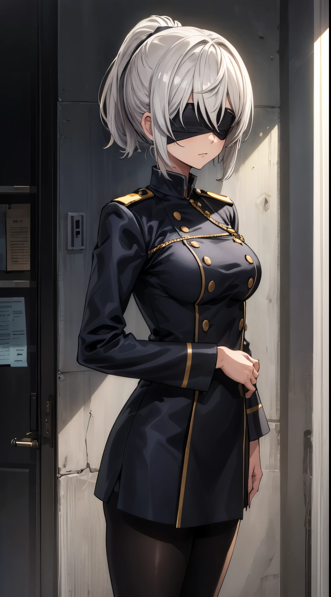 (extremely detailed CG unity 8k wallpaper), (masterpiece), (best quality), (ultra-detailed), (best illustration), (best shadow), (absurdres), 2b, 1girl, short hair, short ponytail, normal size boobs, white hair, blindfold solo, Intimidating women, admiral uniform, night, hero pose, white clothes, General Uniform, Military Uniform, Sunlight, exposed to sunlight,commander