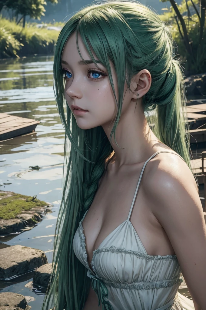(best quality:1.3),(masterpiece:1.3),(illustration:1.3),(ultra-detailed:1.3),(imid shot:0.9),, , , 1girl,solo,very young,upper body,short neck,small breasts,, , from side,from below,close-up,, , , purple eyes,jewel-like eyes,extremely detailed eyes,extremely detailed face,(seductive smile:0.8),(open mouth:0.3),, , , filthy stream, murky water, garbage floating, rotting stench, haunting melody, scattered syringes, polluted mystery, abandoned tranquility, forgotten path, pebbled riverbed , twintails, maid,green hair,
