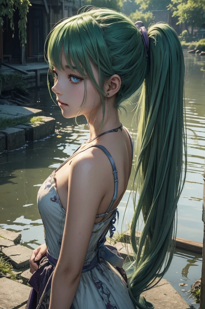 (best quality:1.3),(masterpiece:1.3),(illustration:1.3),(ultra-detailed:1.3),(imid shot:0.9),, , , 1girl,solo,very young,upper body,short neck,small breasts,, , from side,from below,close-up,, , , purple eyes,jewel-like eyes,extremely detailed eyes,extremely detailed face,(seductive smile:0.8),(open mouth:0.3),, , , filthy stream, murky water, garbage floating, rotting stench, haunting melody, scattered syringes, polluted mystery, abandoned tranquility, forgotten path, pebbled riverbed , twintails, maid,green hair,