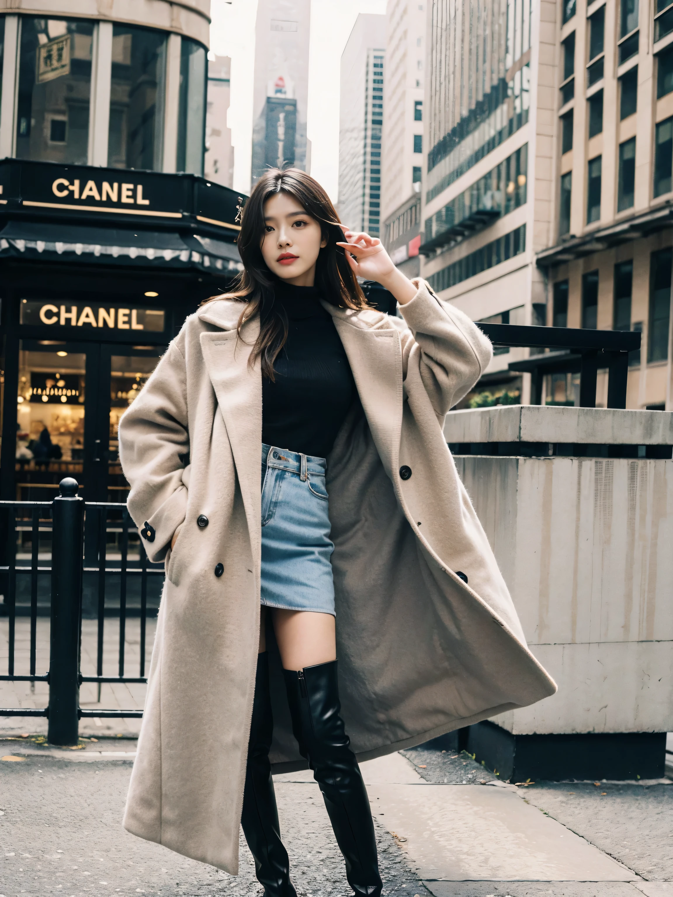 Best quality,tmasterpiece,超高分辨率,(actual:1.4),RAW photos,hyper HD,8K,There is one girl,Stylish clothes,Chanel style,Stylish skinny suit, Long coat,high-class fashion,ellegance, tigh-high boots,Over-the-knee boots,Casual pose,legs long