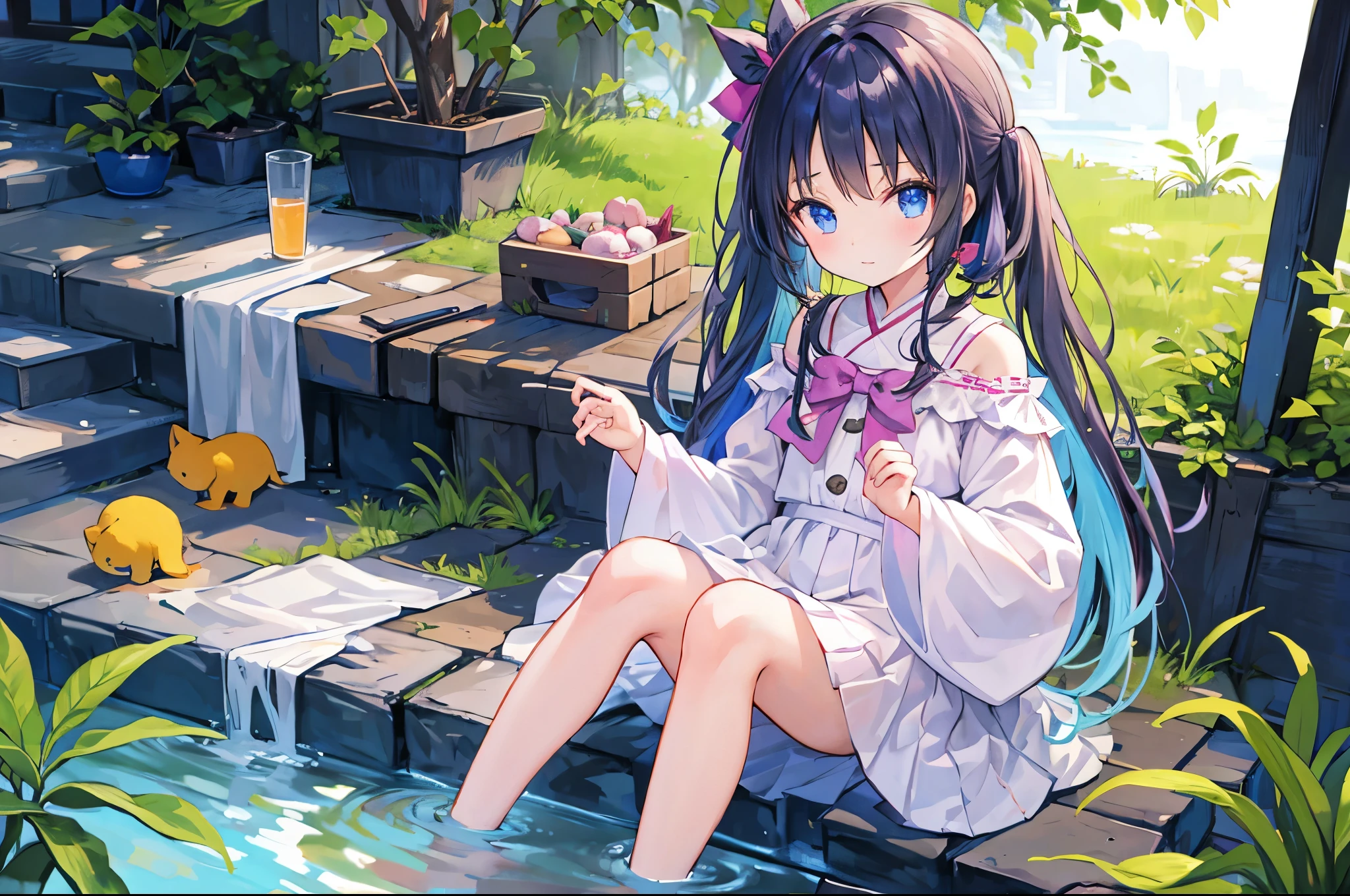 Anime girl sitting on steps with a cat and a cat on her lap - SeaArt AI