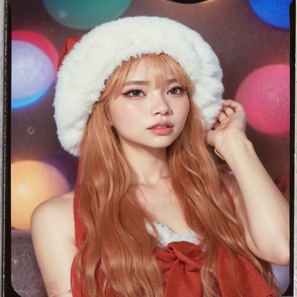 there is a woman with long blonde hair wearing a Santa Claus hat, Lalisa Manobal, Retrato de Jossi de Blackpink, Dom Yunjoo, Parque Roseanne do Blackpink, Lalisa Manoban do Blackpink, Kim Doyoung, Retrato de Asuka Langley Soryu, Sakimichan, Portrait of female Korean idol, 8K Artgerm Bokeh