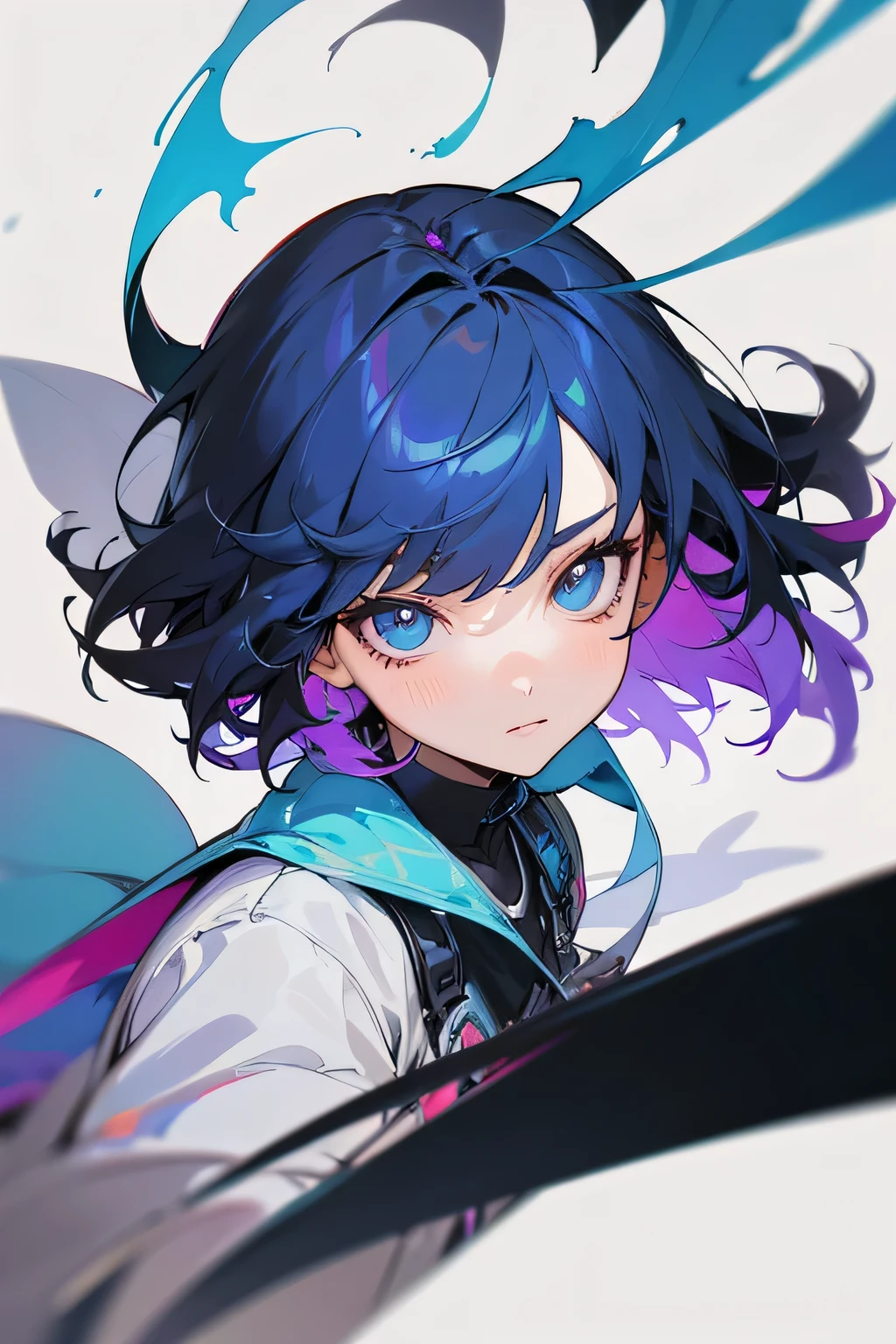 masutepiece, Highest Quality, ultra-detailliert, High resolution, (Ink painting style), Good anatomy, 1 beautiful woman, Captivating, Colorful, 2 line hair, Short bob cut, Solo, Skirt, Jacket, harajuku wear, blue ionochrome, Colorful breakup, White hair, Oil Painting, High detail lights, sharp sketch, Cyberpunk, Dynamic Pose, Cute anime face, Dynamic Angle, poptoon, hair inner color, Many lines of hair, limit pallet, Looking at Viewer, ((Floating hair)),Official art, Beautiful detailed eyes, beautifull detailed face, beautiful detailed hair, Colorful background, Beautiful and detailed clothes, Limited color fiber, Many limited color particles, disheveled hair, Wind, extremely detailed fingers, beautifull detailed face, Wavy Hair, Asymmetrical hair, best light, Best Shadow, Mysterious, Perfect face, Highly detailed,