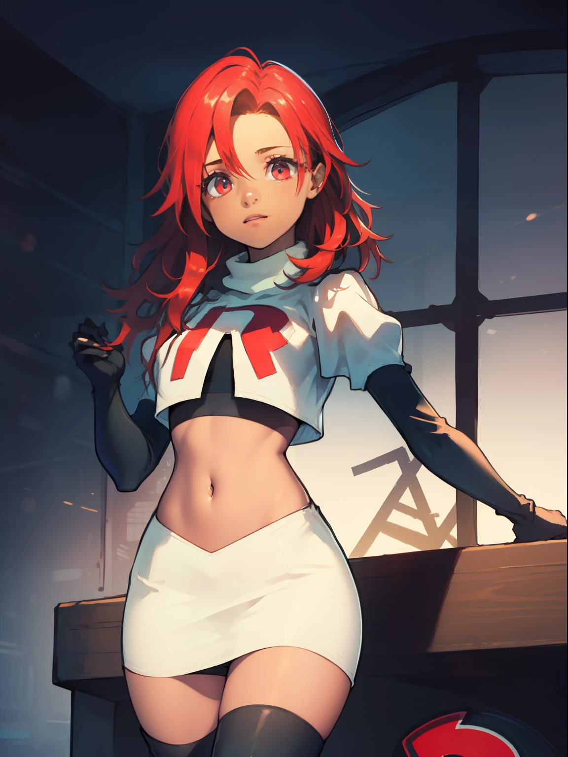 defHapi, team rocket, team rocket uniform, red letter R, white skirt, white crop top, black thigh-high boots, black elbow gloves, looking at viewer,