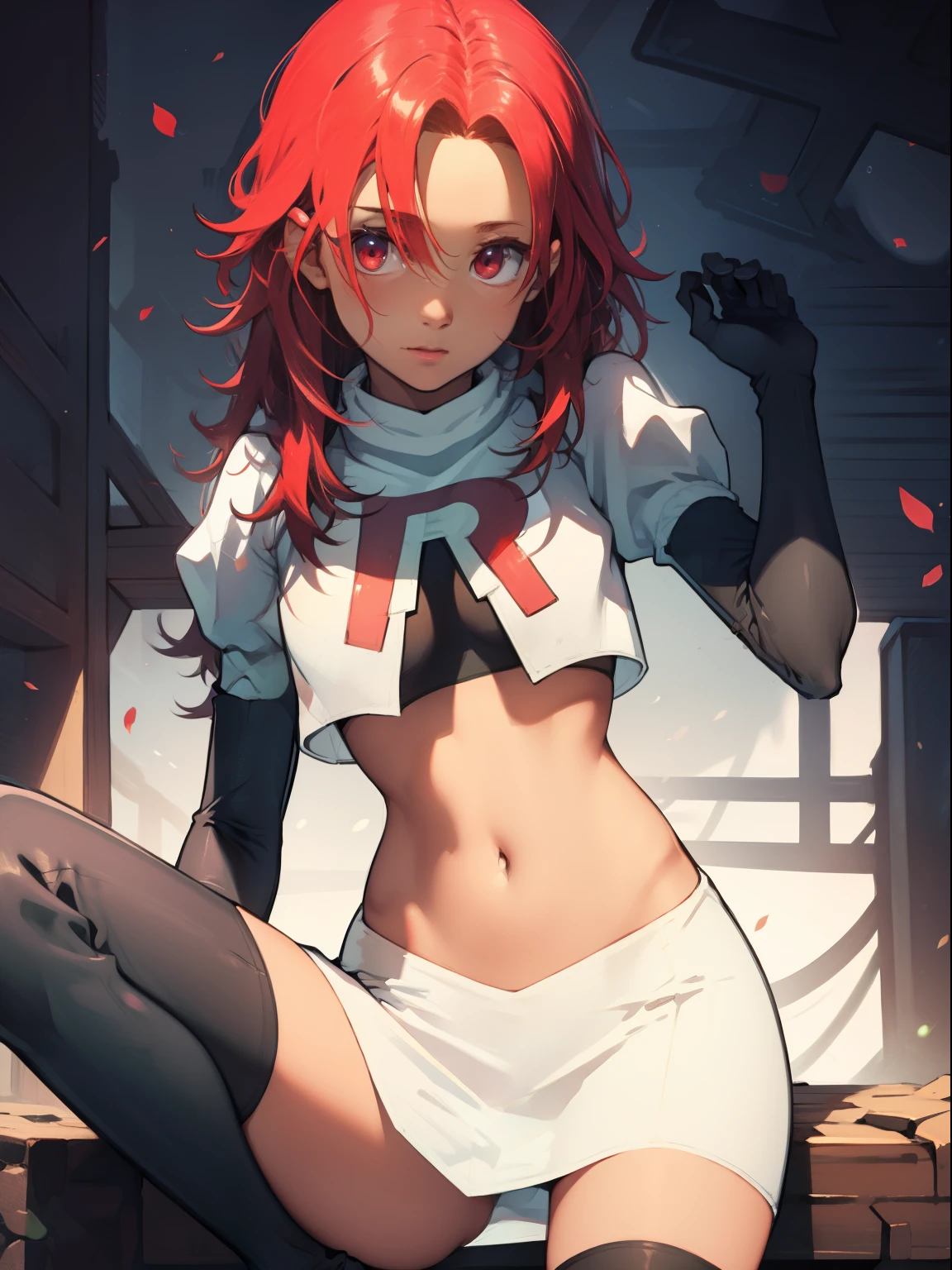 defHapi, team rocket, team rocket uniform, red letter R, white skirt, white crop top, black thigh-high boots, black elbow gloves, looking at viewer,