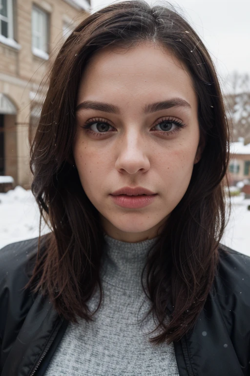 ((best quality)), ((masterpiece)), (detailed), perfect face realistic photo of beautiful woman with long dark brown hair, Russian, influencer, light freckles, dark brown eyes, big lips, no makeup, insagram, in a snow wearing black puffer jacket with black leggings