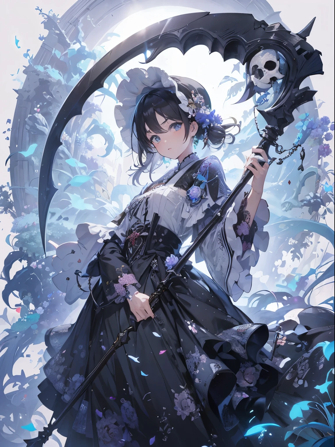 Masterpiece、hight resolution、A vortex of light like a science fiction movie、Japanese gothic ta girl with shinigami's sickle、Delicate and precise writing、animesque、illustratio