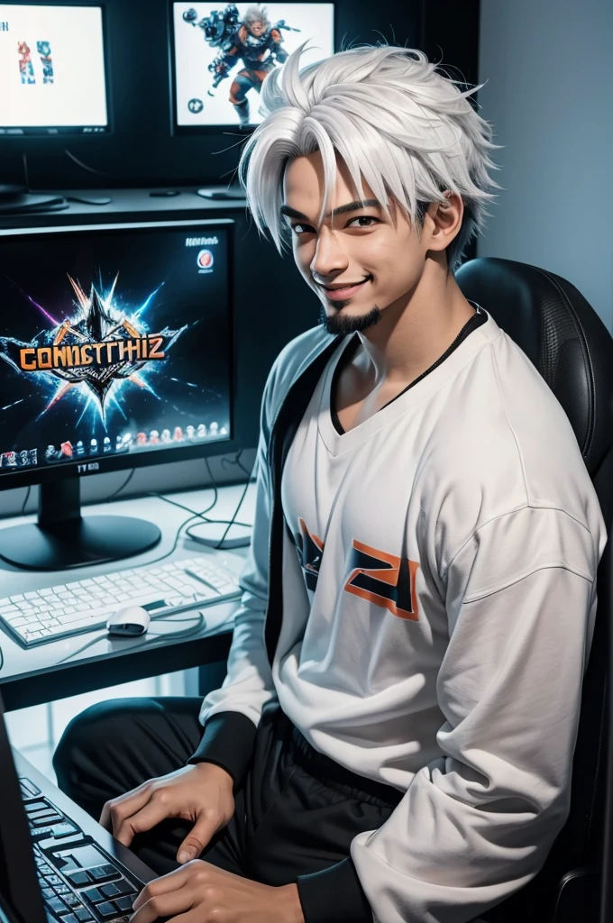 (masterpiece, best quality), (complex light), 1boy, solo, goku , black eyes, smile, sitting in front of the computer playing games, background in the esports room,(thiozão),(goatee and white hair),