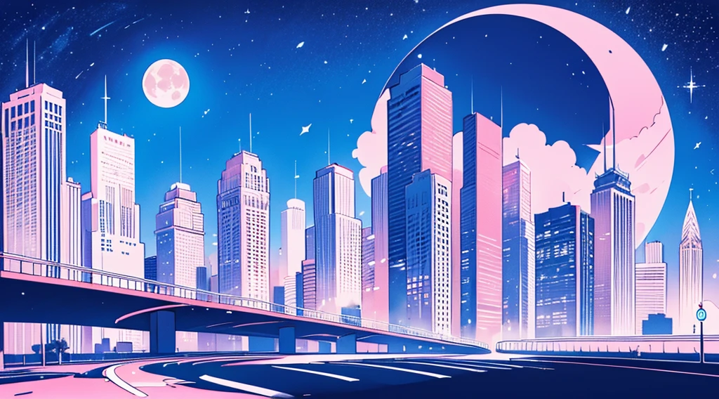 (skyscrapers, pink glowing road, starry blue sky, big moon), (super car), (low contrast, flat color, limited palette)