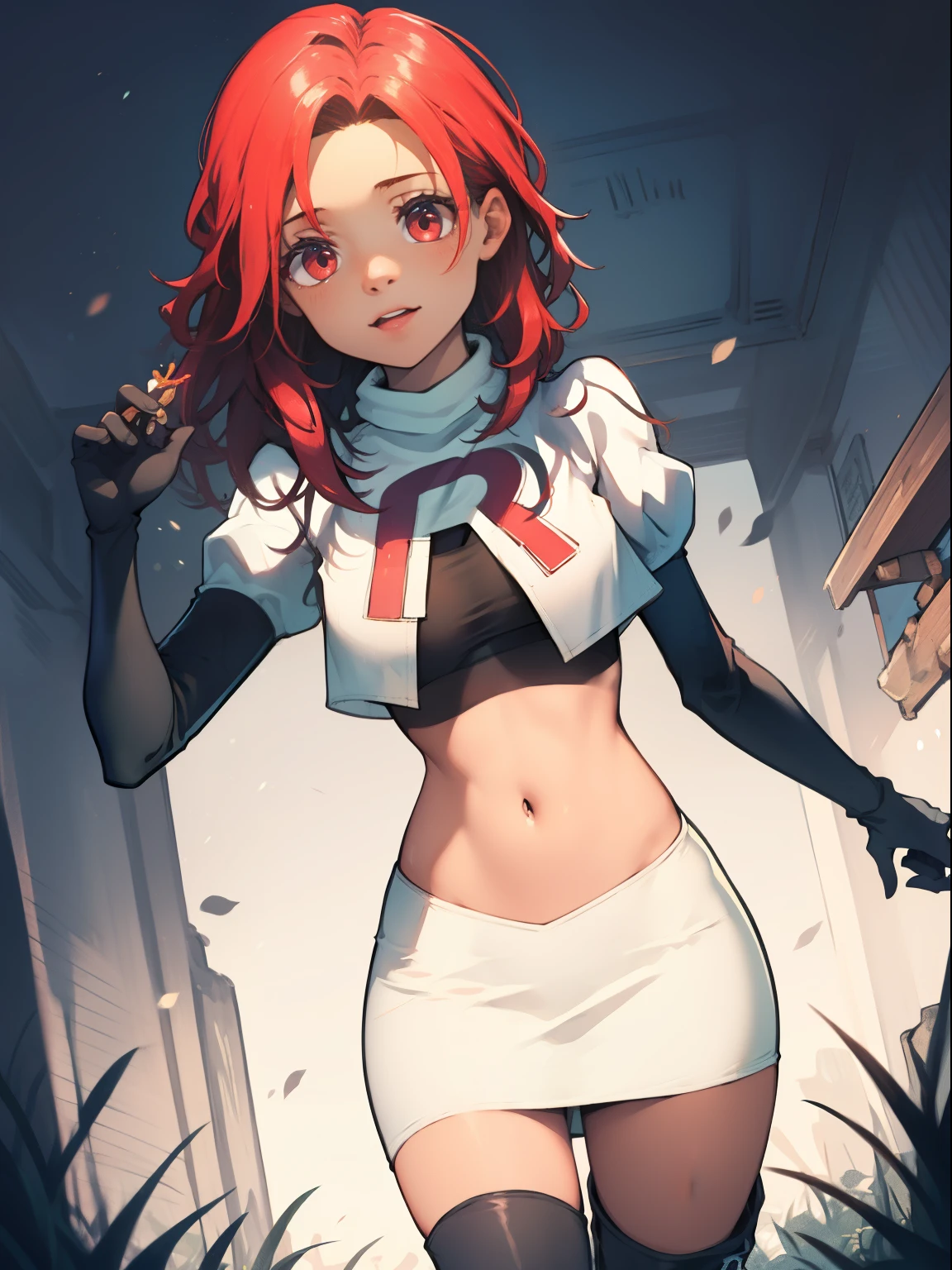 defHapi, team rocket, team rocket uniform, red letter R, white skirt, white crop top, black thigh-high boots, black elbow gloves, looking at viewer,