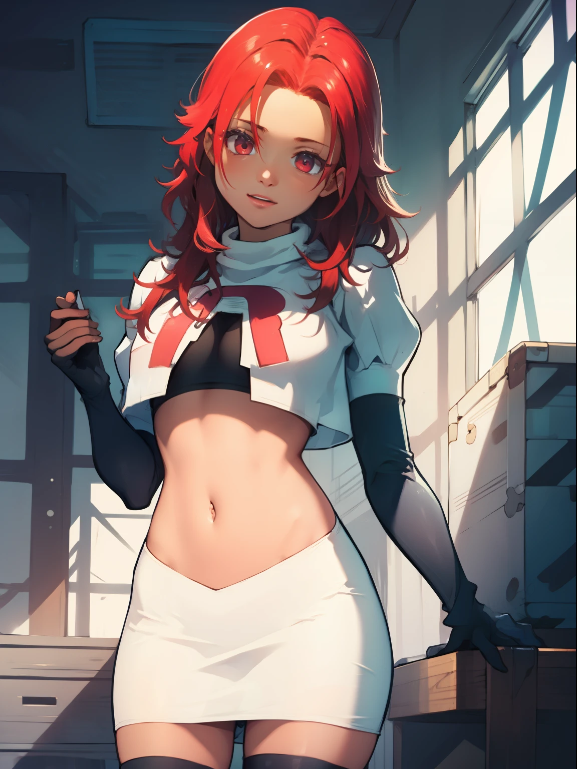 defHapi, team rocket, team rocket uniform, red letter R, white skirt, white crop top, black thigh-high boots, black elbow gloves, looking at viewer,