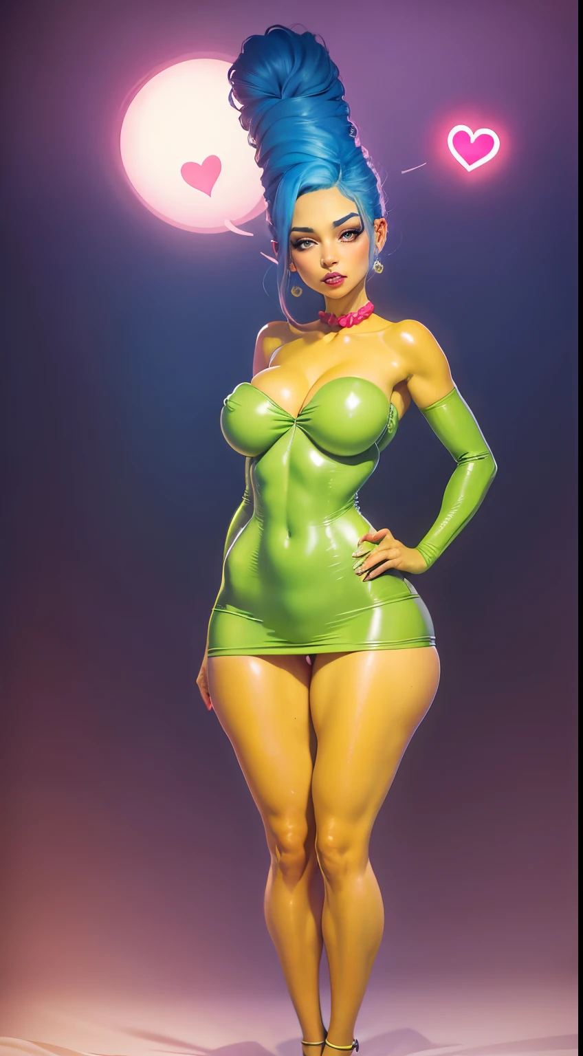 Best quality, Marge Simpson, solo mature woman a toned body build, giant breasts, Super Pale Natural large Tits With Hard Pink Nipples, big eyes, iridesent eyes, eyeshadow, blue aqua hair, blushing, ashamed, full lips, (Shiny skin:1.3), moisturized and glowing skin, sweat, sweaty, hot, seductive, soft smile, spoken heart, heart, heart-shaped pupils, Bright lips, nacked chest, nacked nipples, Heart earings, in love, see trough green flowy dress with long puffy sleeves, flower crown, Slim waist, thick thighs, slim thighs, slim hips, small ass, slim thighs, (((full body))), seductive pose, steam, love atmosphere bedroom, flowers hearts background.