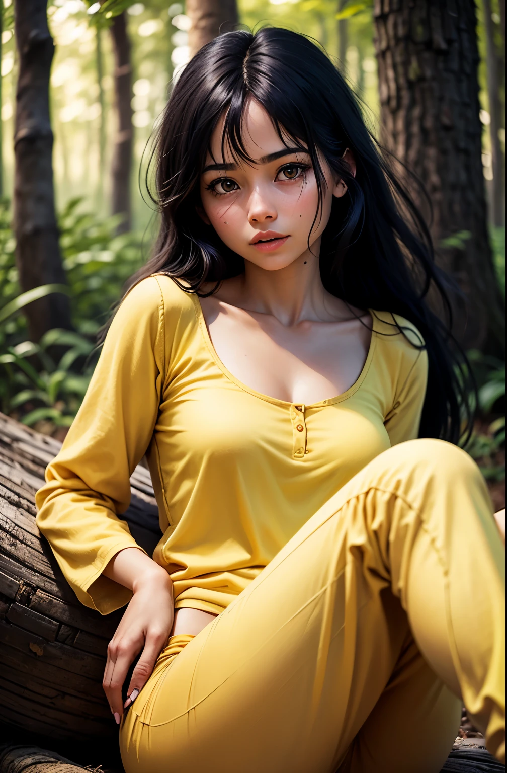 Photograph of a beautiful girl in her 20s in plain pajamas on a long yellow cloth, Sentado en un tronco en un bosque brumoso, Abundante cabello amarillo, Flequillo tupido, Ojos brillantes y hermosos, beautiful symmetrical face, Cara linda e inocente, sin maquillaje, sin adornos, Film grain, Dream photos, Foto conceptual, Emotional photography, Film Photography, realistic photograph, realista, foco nítido, 14k, Altamente detallado, Sociedad CG, Ultra-definition, Grano muy fino, Fotos polvorientas, Filtro de grano