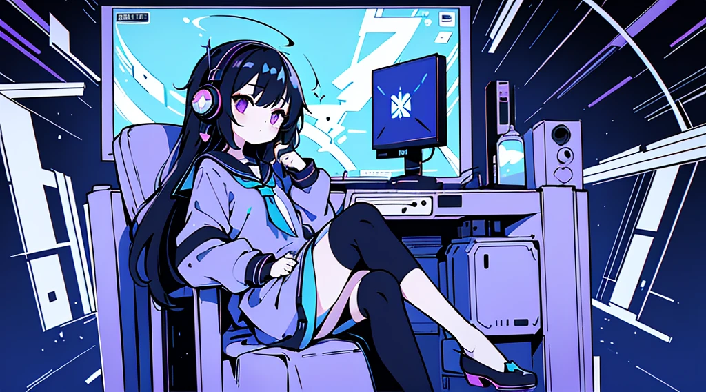 (1 girl, black hair, purple eyes, sailor suit, headphone, sitting in a chair, kawaii), (blue cyberpunk, room with big monitors, blue neon), (low contrast, flat color, limited palette)